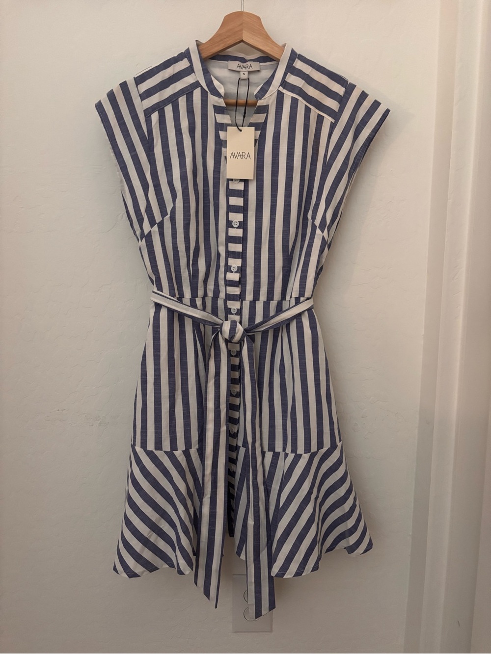 AVARA Blue and White Striped Mini Dress with Waist Tie